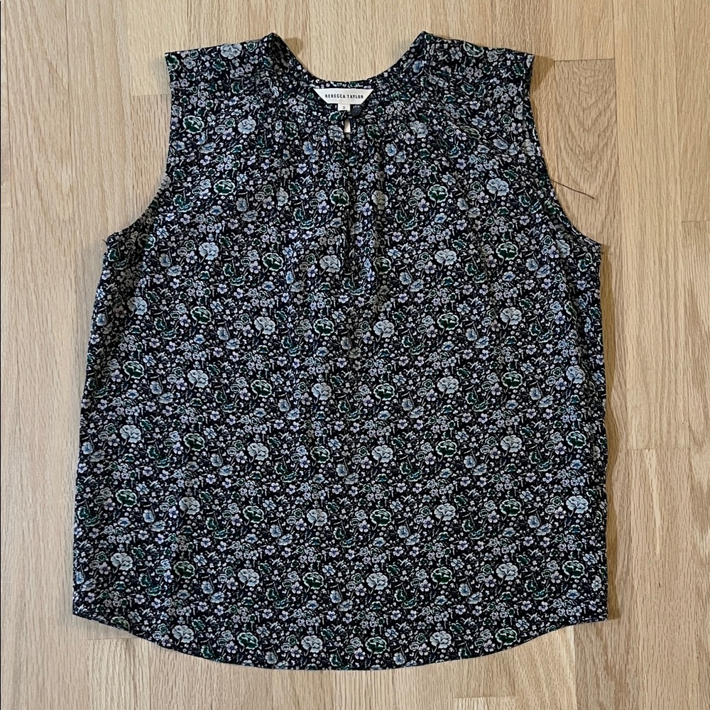 Rebecca Taylor Navy and Floral 100% Silk Sleeveless Blouse - Size 2